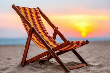 Wooden deck chair on sandy beach under warm sunset light with strong orange glow and visible beach detail for classic seaside summer atmosphere