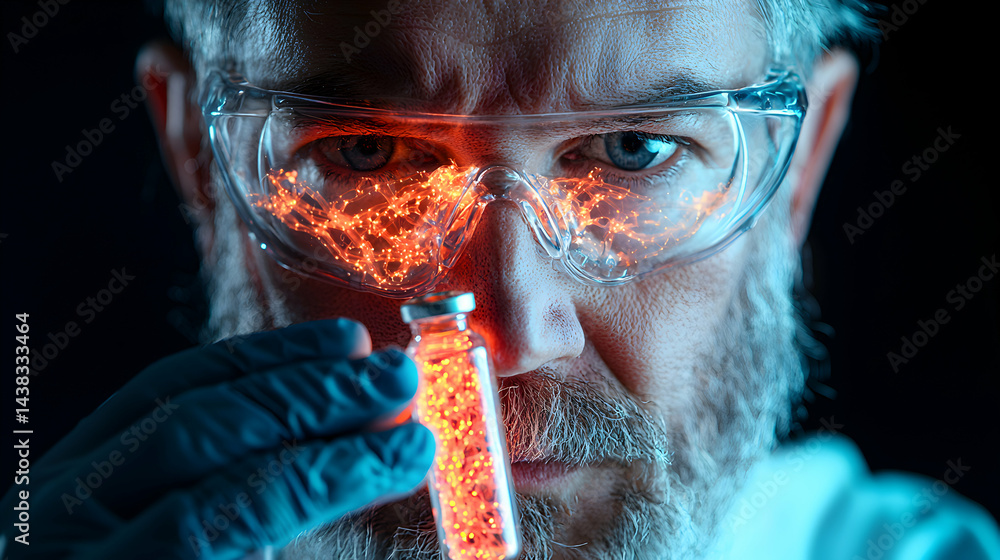 Poster a scientist peers into a vial illuminated with glowing red light through goggles that also show a si