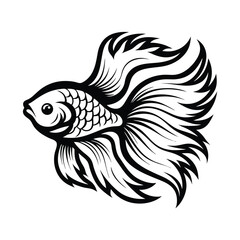 Elegant Siamese Fighting Fish Silhouette, Flowing Fins, Aquatic Animal, Monochrome Art
