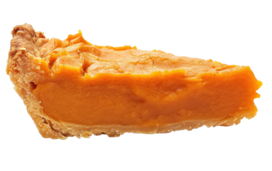 Slice of orange pie is shown on a white background