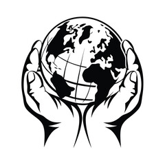 Monochrome Earth Globe Held By Two Hands in a Protective Gesture on White Background