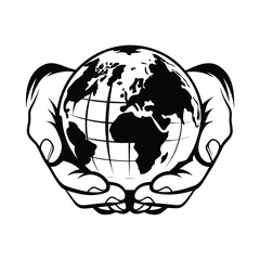 Hands Holding World Globe Outline, Earth in Caring Hands Silhouette, Globe Icon Clipart