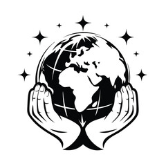 World In Hands Silhouette with Stars, Globe Icon, Planet Earth Outline, Care Concept
