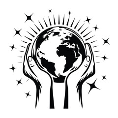 Black and White Globe Surrounded by Stars Held in Hands with Rays Emanating Out