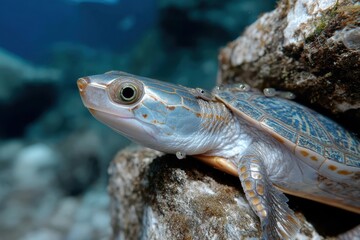 A mesmerizing underwater shot of a turtle resting on a rocky surface, showcasing its stunning shell patterns and tranquil expression in a serene aquatic environment.