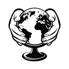 Black & White Globe Surrounded by Human Hands, Standing Design on Round Stage