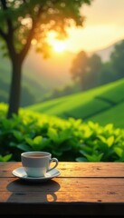 Wooden table in lush tea plantation, morning sun , garden, green leaves, morning