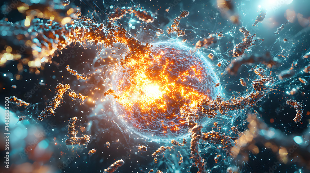 Poster an abstract macro image of a glowing fiery orb with intricate structures. it may represent scientifi