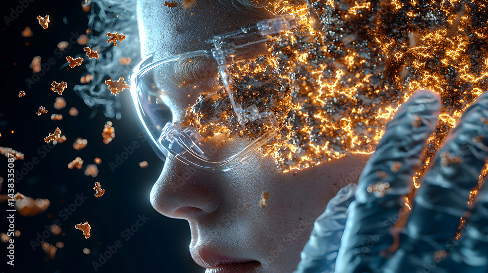 Poster a stunning sci-fi image featuring a person with an exploding brain concept. great for scientific vis