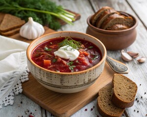 Homemade beet soup served with sour cream and fresh bread on a rustic wooden tabletop