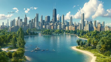 Fototapeta premium Lakeside city skyline shimmering on a clear day