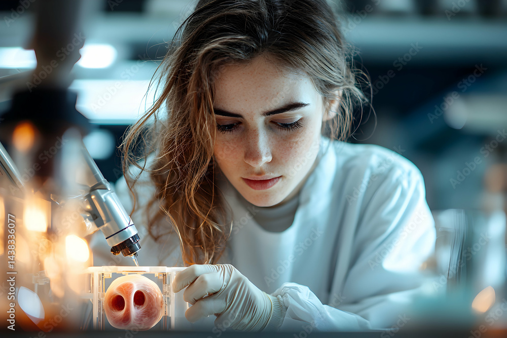 Poster a scientist examines a tissue sample under a microscope in a lab setting. researching and understand