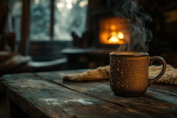 A steaming mug sits on a rustic wooden table near a cozy fireplace, evoking warmth and comfort.