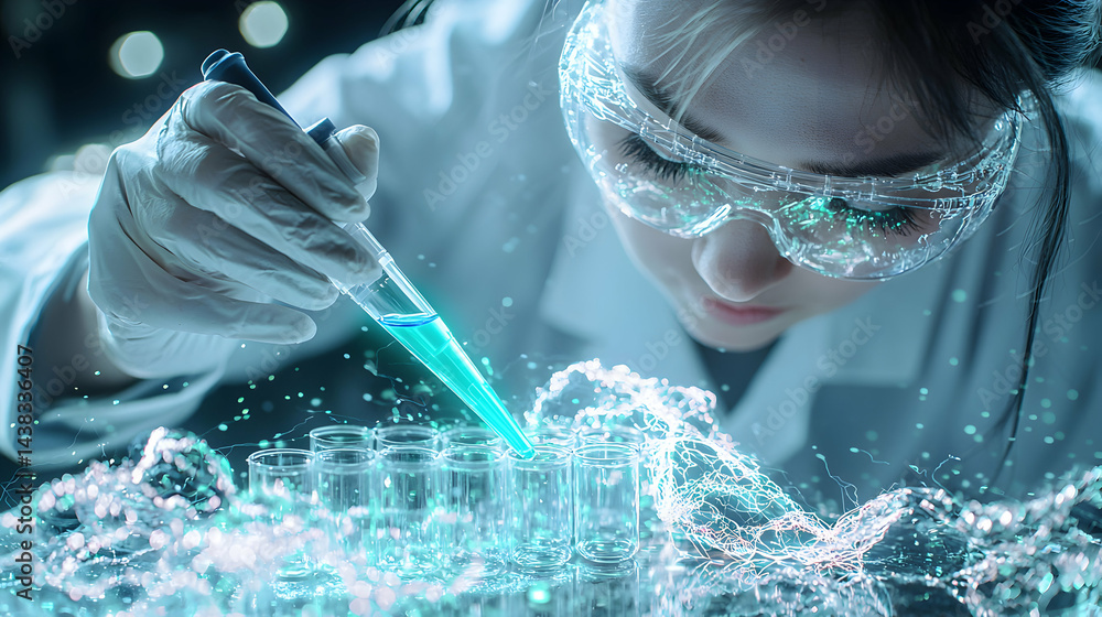 Poster scientist meticulously works in a lab using a pipette. science and research exploration are emphasiz