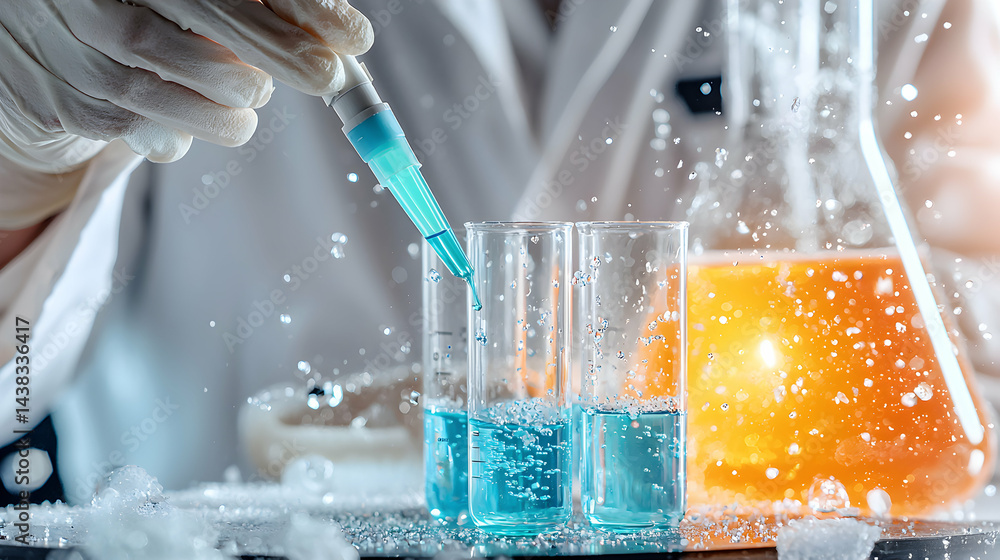 Aufkleber a scientist in a lab coat carefully uses a pipette to add liquid into test tubes. experimenting with