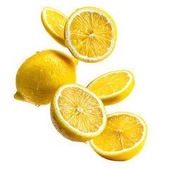 Several yellow lemons and lemon slices are floating in the air on white.