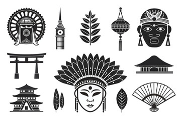 Asian European Cultural Icons A striking collection of traditional symbols including masks temples and architecture in