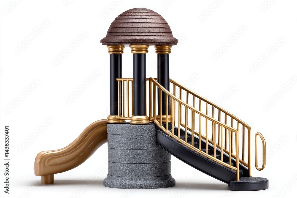 Poster isolated playground slide with brown tower construction placed on white background showcasing childh