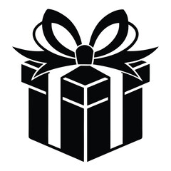 Black Silhouette Gift Box with Ribbon & Bow Isolated on White Background