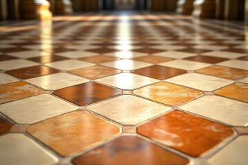 A close-up view of a diamond-patterned tile floor in warm beige and brown tones.