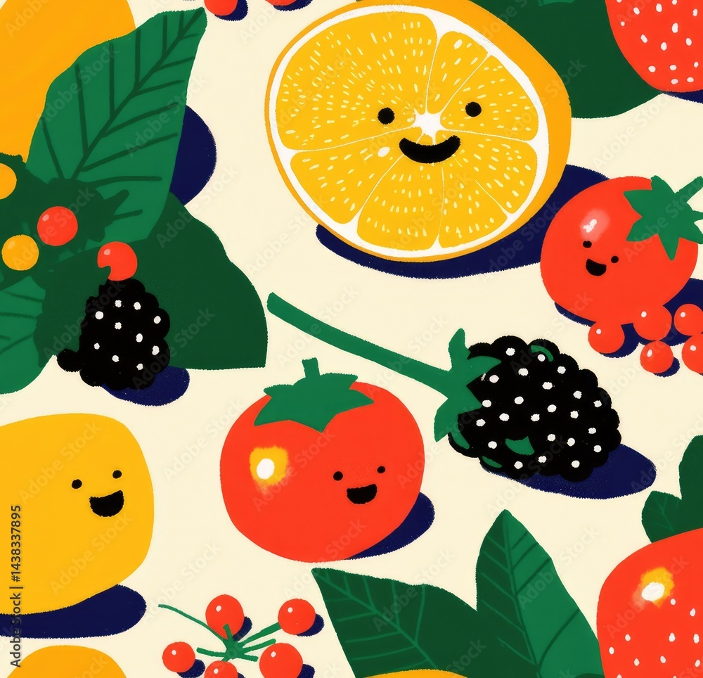 Poster whimsical fruits: a cheerful arrangement of vibrant, smiling fruit illustrations creating a delightf