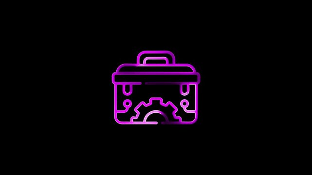 Neon tool box with gear icon animation on black background stock video