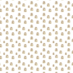 Background with spices in decorative bags with ties such as star anise, saffron, cumin and herbs.