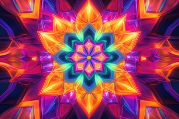 Vibrant kaleidoscopic fractal art featuring a luminous, multifaceted flower design in neon colors.