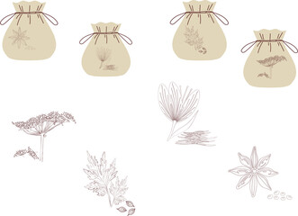 A charming set of illustrations featuring spices in decorative drawstring bags and separate detailed drawings of individual spices like star anise, saffron, cumin, and herbs.