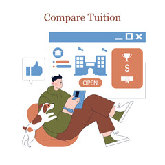 Student Carefully Comparing Various Tuition Options While Accompanied by a Loyal Dog Companion