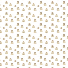 Background with spices in decorative bags with ties such as star anise, saffron, cumin and herbs.