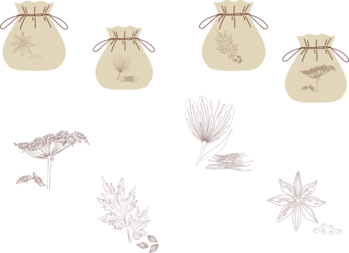 A charming set of illustrations featuring spices in decorative drawstring bags and separate detailed drawings of individual spices like star anise, saffron, cumin, and herbs.