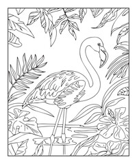 Flamingo on nature background coloring page for kids, black line art vector illustration on white background