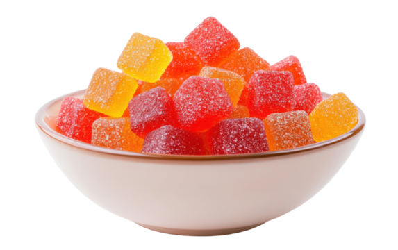 Bowl full of colorful gummy bears on transparent or white background,png