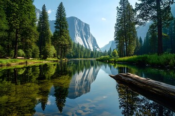 Merced river in Yosemite National Park with El Capitan reflection high resolution photo