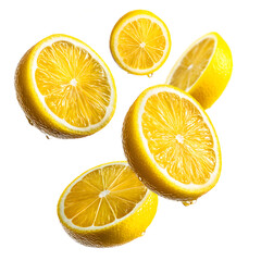 Fototapeta premium Several lemon slices are scattered on a white background.