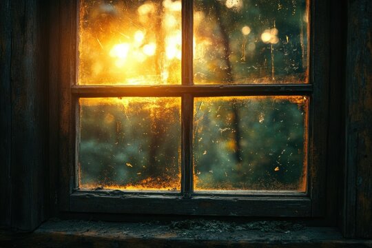 Golden sunset light streams through a rustic, old windowpane, illuminating a blurry, outdoor scene. - Powered by Adobe