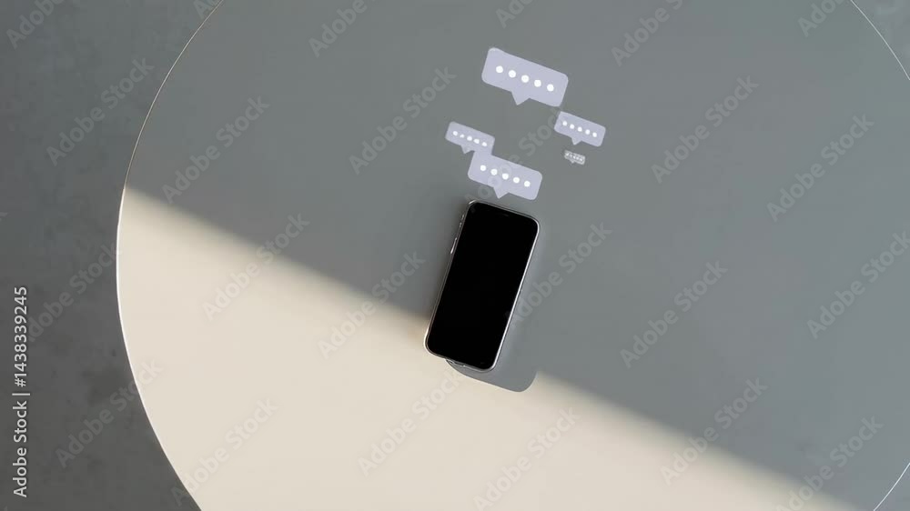 Poster Black smartphone sitting on minimalist white round table displaying growing stream of message and social media notifications, highlighting digital communication intensity