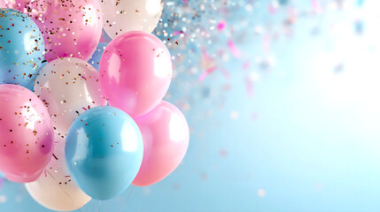 Colorful balloons in shades of pink and blue with festive confetti for celebration : Generative AI