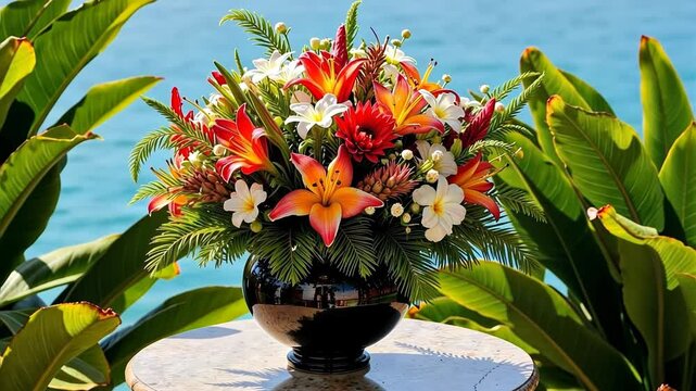 Colorful flower arrangement in a vase by the ocean  