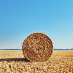 Hay bale in a field under a clear blue sky.