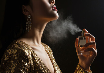 Elegant woman preparing for an evening event by applying her favorite perfume, dressed in shimmering gold.