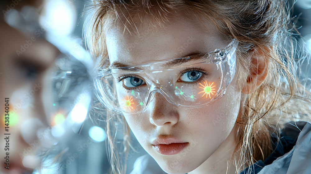 Poster a young scientist with goggles and a determined gaze. she is working in a lab. this would be ideal f