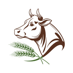 Elegant Cow Head with Wheat and Grass Vector Illustration