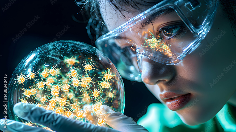 Poster a scientist observes a sphere containing illuminated structures. it suggests scientific study. use i