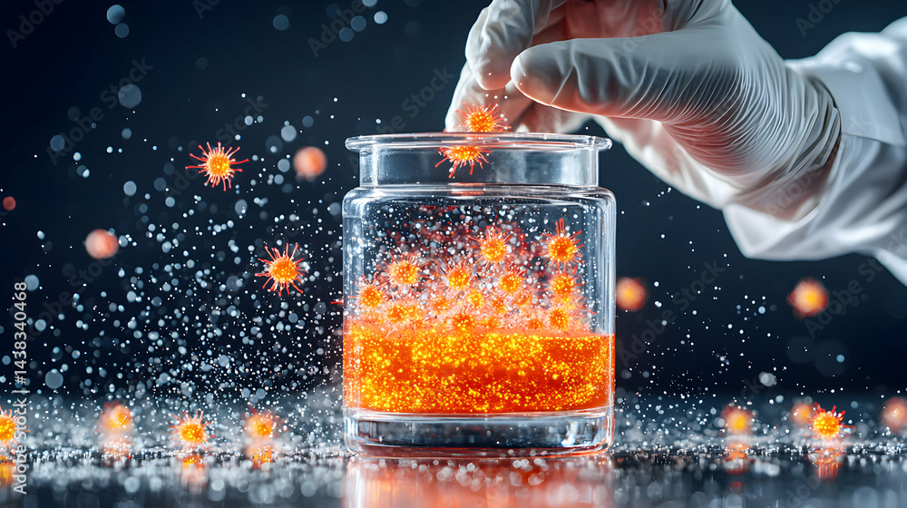 Poster image depicts a scientist handling a jar filled with a virus. suggests research or containment of a 