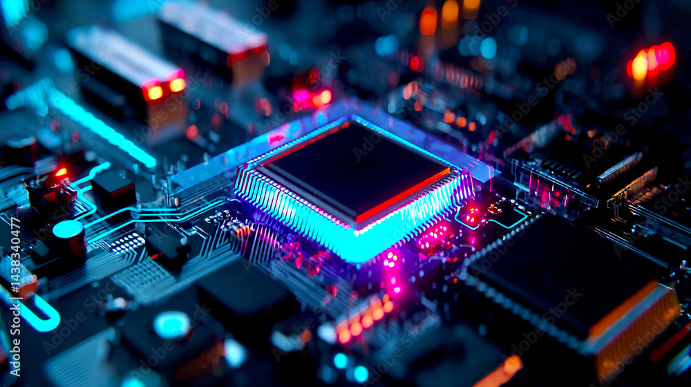 Poster Closeup view of a hightech motherboard with illuminated components and colorful lights : Generative AI