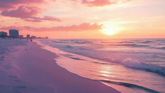 Scenic view of a sunset on a beach shoreline, with reflections in the ocean water and a pink sky. Ideal for relaxation and vacation ry.