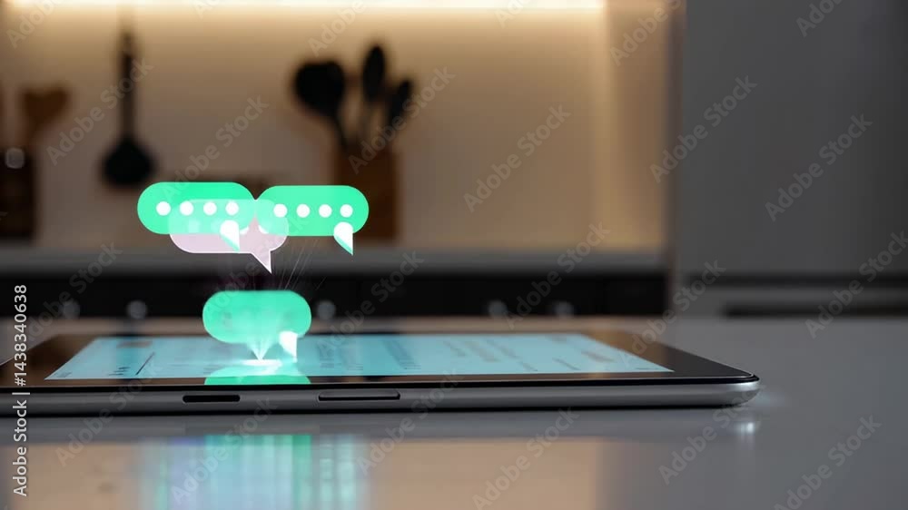 Poster digital messages floating over tablet screen, symbolizing constant communication and information ove