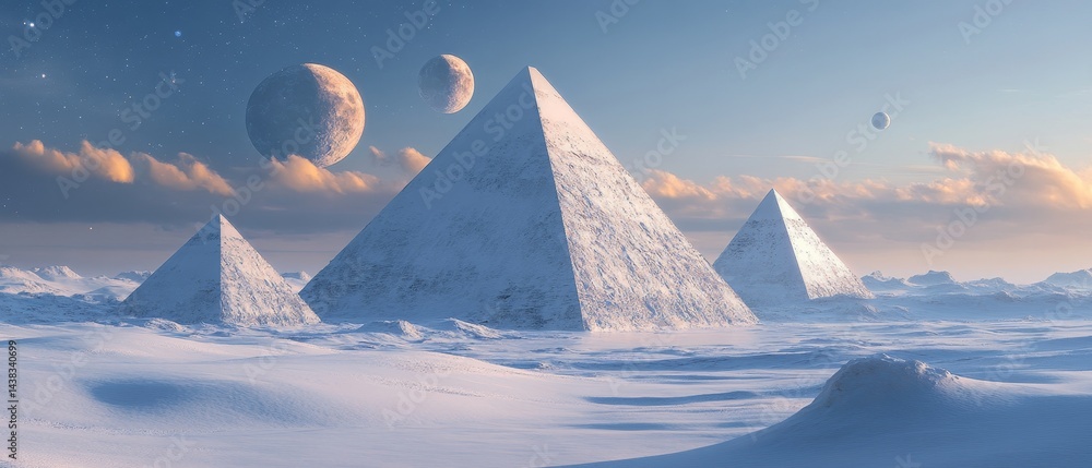 Wall mural a snowy landscape with three pyramids and a few other objects in the sky